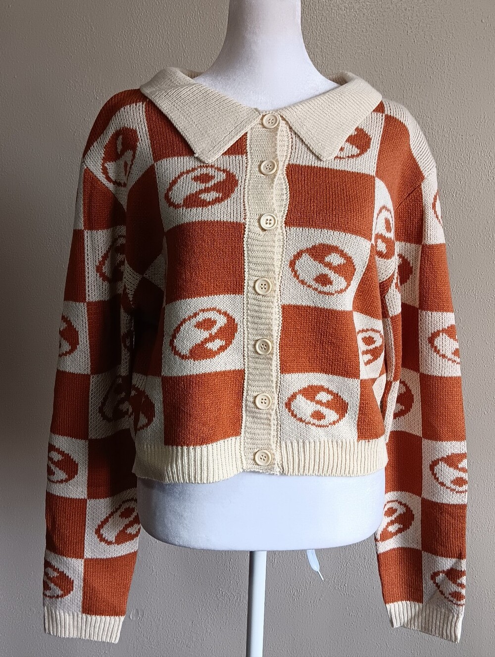 Earthbound Trading Cream Rust Checkered Yin Yang Medium Button Cardigan Sweater